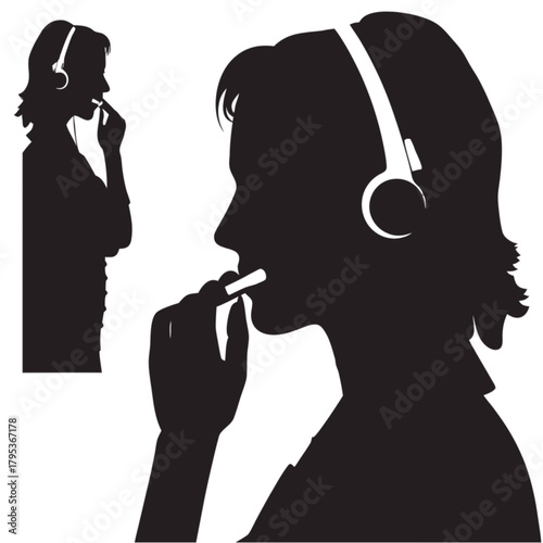 Profile silhouette of a woman wearing headphones, holding a boom microphone to her mouth.