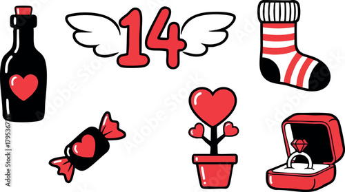 Valentine’s Day themed vector set with love bottle, candy, heart plant, socks, ring box, and number 14 wings design