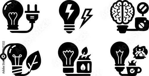 Energy and creativity light bulb icons with brain, coffee, leaf, and fire vector set for innovative design ideas