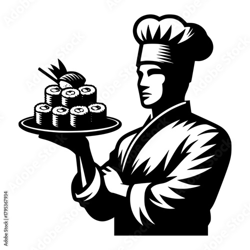 Chef displaying sushi prepared by him vector image illustration