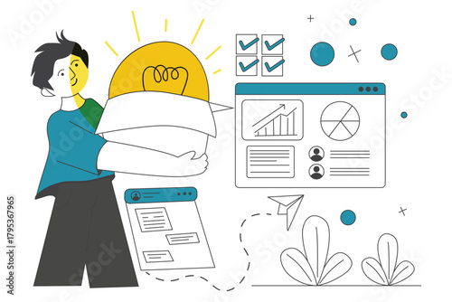 a man holding giant light bulb for new business idea and planning, Startup project development, data analysis, and task management. 