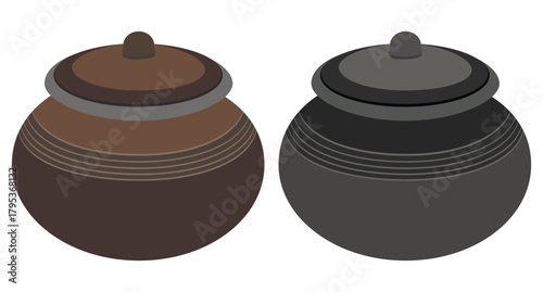 Traditional clay cooking pots with lids flat brown and gray vector