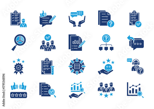 Survey thin solid icon set. Containing feedback, opinion, questionnaire, poll, research, participant, results, inquiry, response, quality. Vector illustration