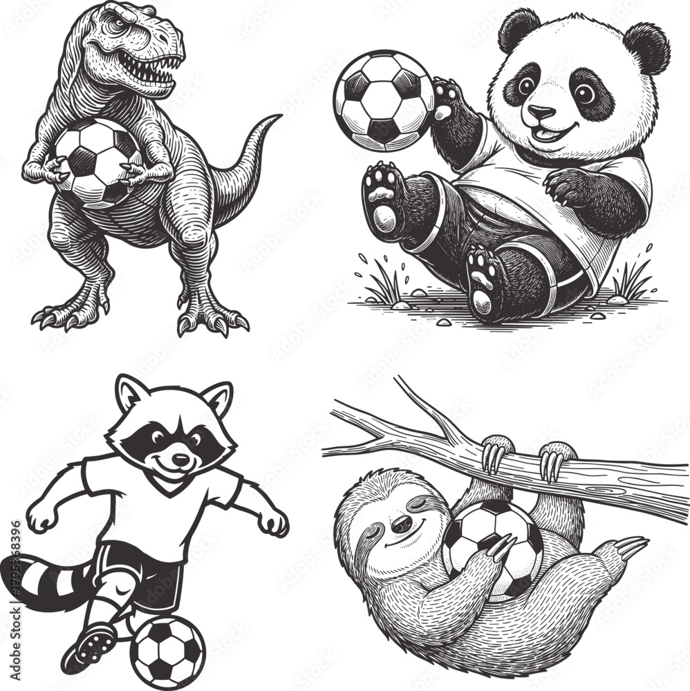 Naklejka premium Soccer Football Mascot Bundle T-Rex Dinosaur Panda Raccoon Sloth Player Line Art Engraving Vector Illustration Graphic