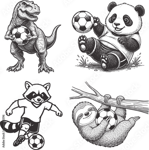 Soccer Football Mascot Bundle T-Rex Dinosaur Panda Raccoon Sloth Player Line Art Engraving Vector Illustration Graphic