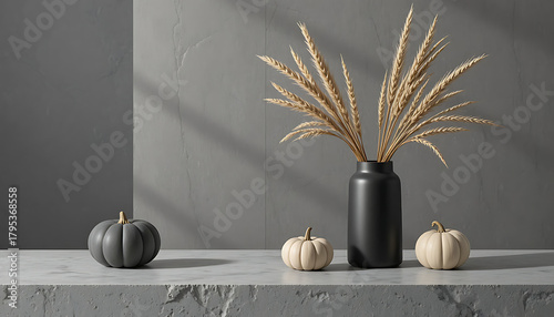 Minimalist autumn still life with dried wheat stalks in a black vase and decorative pumpkins on a textured surface with shadow play