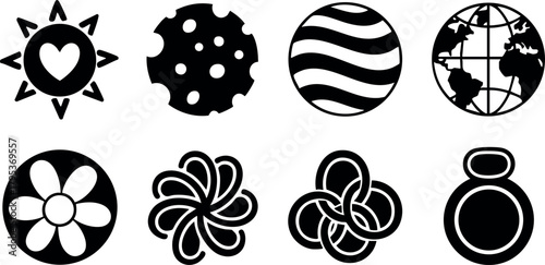 Set of eight black and white circular icons with sun, heart, flower, globe, and abstract shapes vector design