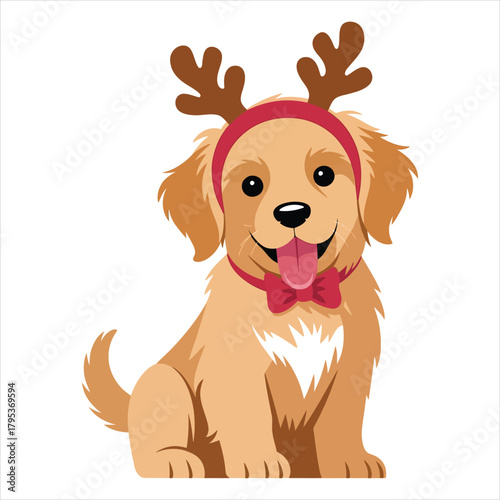 Cute golden retriever puppy with reindeer antlers and bow tie Vector, illustration