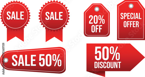 Collection of red sale tags and discount labels with various offers like 20% off, 50% discount, and special offers, isolated on a transparent background