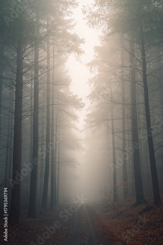Moody foggy forest path with tall dark pines and silhouette in the distance — atmospheric mysterious woodland scene