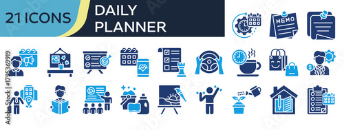 Collection of Daily Planner icons, related to Daily Routine, Sticky Note, Homework, Activity Tracker, Action List and more. Solid icons vector illustation.