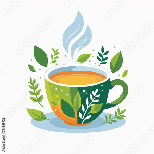 a cup of herbal wellness tea with small leaves, herbs, and steam icons