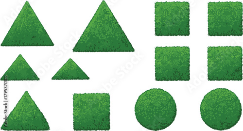Set of Geometric Topiary Bush Shapes in Triangle, Square, and Circle Forms for Landscaping, Gardening, Nature, and Design Concepts
