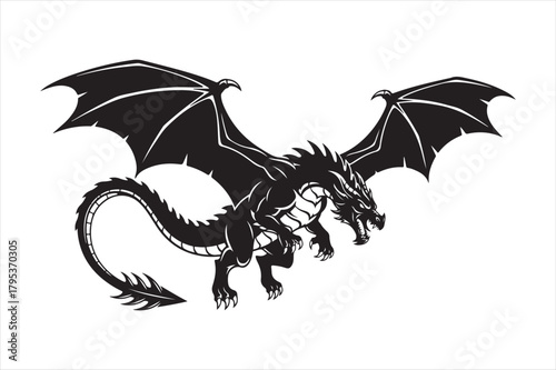 Black silhouette of a dragon with outstretched wings, flying forward Vector, illustration