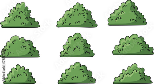 Cartoon green bushes set with various foliage shapes, stylized garden shrubs for landscape design, nature elements, vector illustration isolated white background