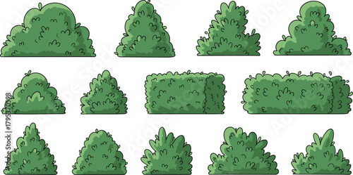 Cartoon green bushes collection with diverse shapes, foliage textures, rounded and geometric forms for landscape, game, and animation design.