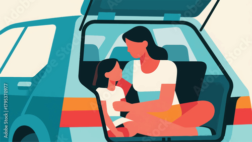 Illustration Of A Mother And Child Sitting In The Back Of A Car Vector Design Template