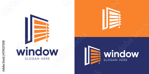 Creative simple windows blind covering logo template. Window covering logo design vector illustration.