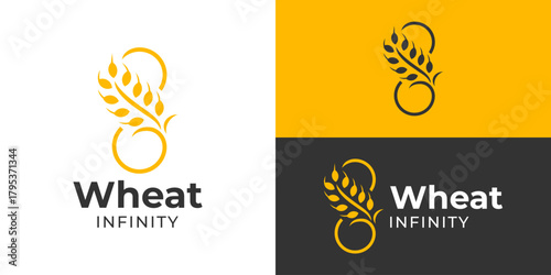 Creative simple wheat infinity logo template. Abstract infinity symbol with wheat grain logo design vector illustration.