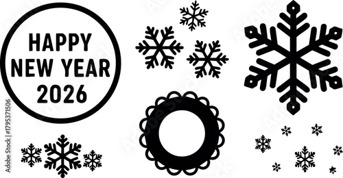 Happy New Year 2026 decorative snowflake vector elements for winter celebration design