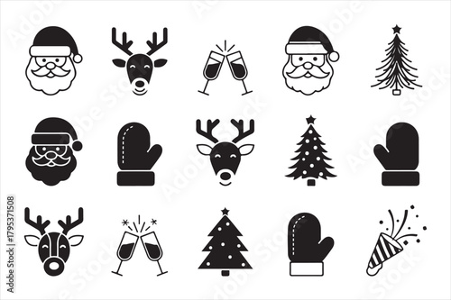 Christmas icons: santa, reindeer, tree, mitten, champagne, popper Vector, illustration