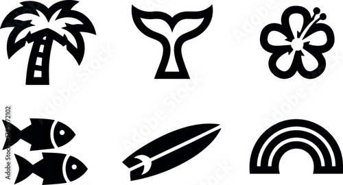 Tropical summer icons with palm tree whale tail flower fish surfboard and rainbow vector design collection