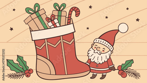 Christmas stocking filled with gifts and santa claus for christmas holiday celebration season design