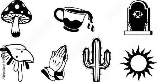 Black and white vector set featuring mushroom, cup, mirror, mask, praying hands, cactus, and sun icons for design and decoration