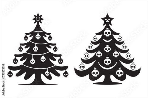 Gothic christmas trees decorated with skull ornaments and star topper Vector, illustration