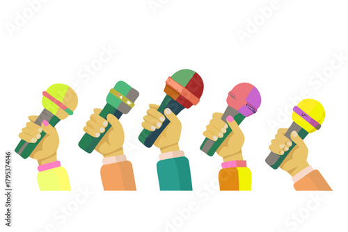 Many hands holding colorful microphones for a press conference or interview. Isolated on transparent background .vector icon
