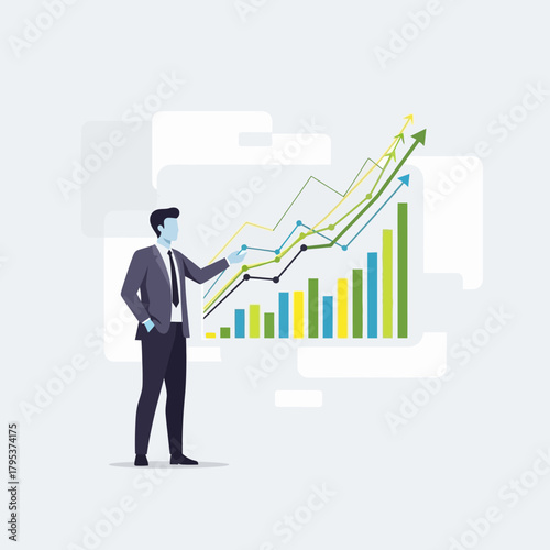 Businessman presenting positive growth chart in modern office, showcasing financial success and upward trends with confident and professional demeanor.