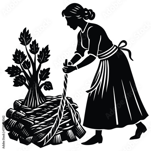 Woman Farmer Silhouette Tending Crops in Field Black and White Illustration on White Background