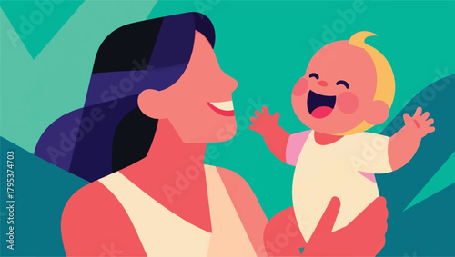Illustration Of A Mother Carrying A Child With A Smile Vector Design Template