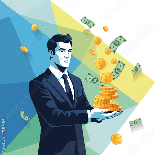 Businessman holding stack of coins in his hands with money floating around him, representing wealth and financial success in a modern style.