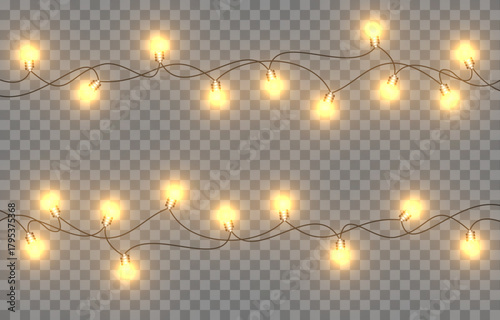 Christmas garland light png. Bright Christmas golden lights decoration. Vector light led lamp