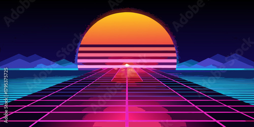 Retro futuristic landscape with sun, horizon, and grid