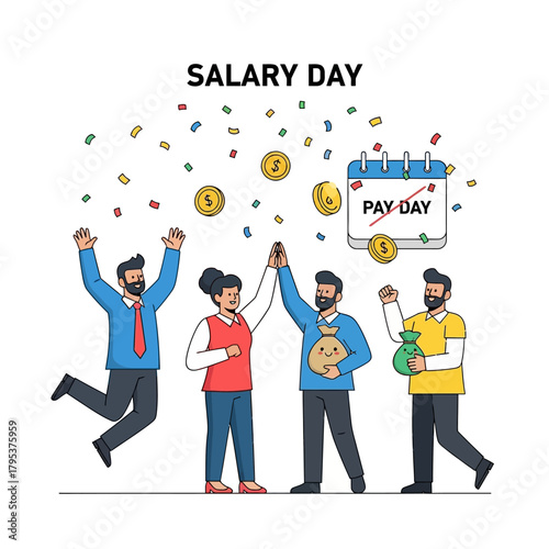 Cheerful employees celebrating salary day with confetti and money bags in office, expressing joy and excitement about receiving their payments, creating a positive atmosphere.