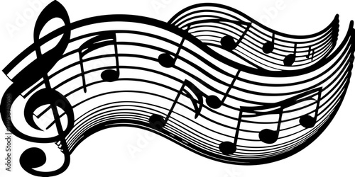 Dynamic swirling melody represented by a flowing musical staff with a treble clef and notes in a monochrome vector design