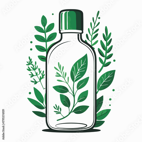  a cough syrup bottle with herbal leaf imagery