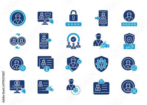 User account thin solid icon set. Containing user, account, password, login, username, connect, logout, users, edit profil, authentication. Vector illustration