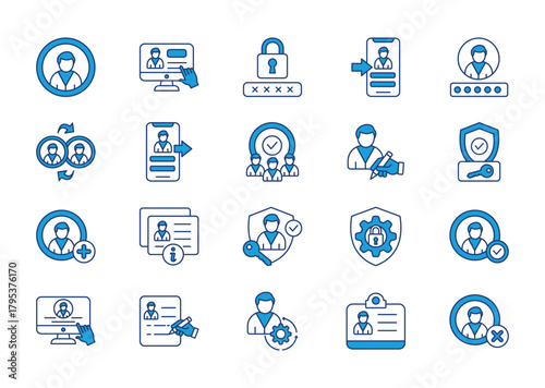 User account thin blue icon set. Containing user, account, password, login, username, connect, logout, users, edit profil, authentication. Vector illustration