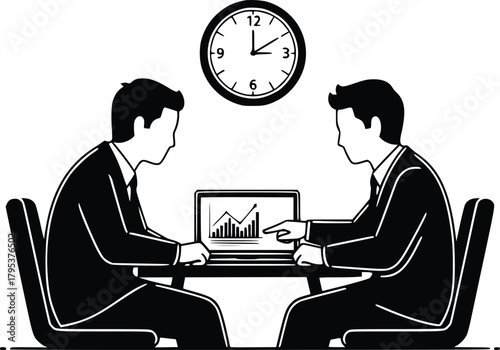 Black and White Vector Illustration of Business Meeting with Laptop and Data Presentation
