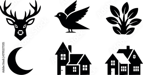 Wild deer head with antlers bird flying leafy plant crescent moon houses nature icons vector set