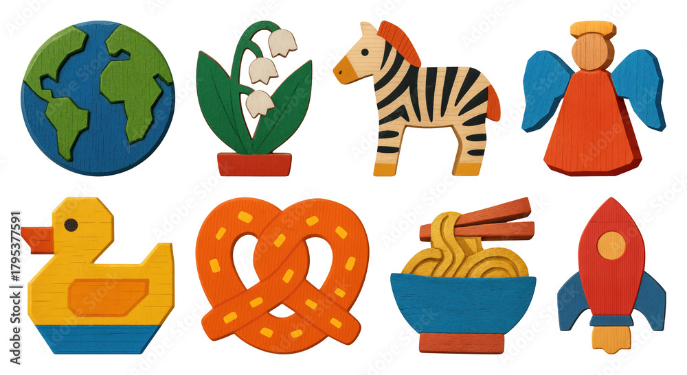 Obraz premium PNG Colorful wooden toy shapes, element set on transparent background