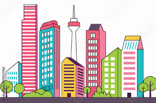 Colorful cityscape with tall buildings and trees