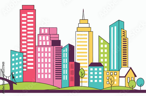 Colorful cityscape skyline with green hill