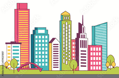 City skyline with trees and bridge