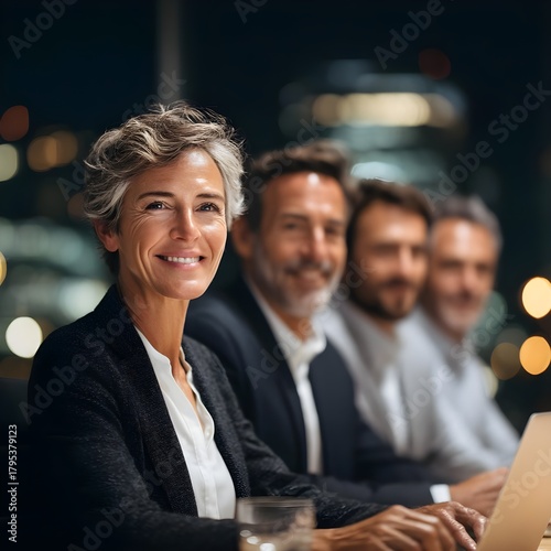 Confident Woman in Business Attire Smiling at Team Meeting in Office