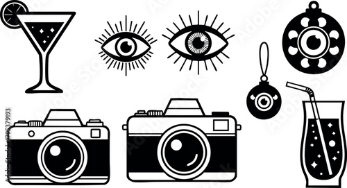 Retro style black and white vector icons set with cameras, eyes, drinks, and vintage gadgets for design projects