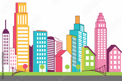 Colorful cityscape skyline with trees and buildings